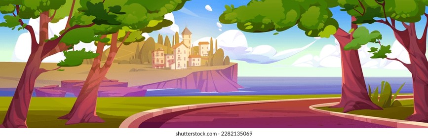 Road in forest to italian village on coast. Summer or spring vector cartoon landscape with green tree and europe town far on horizon. Travel on holiday in France cottage.