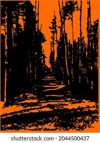 El camino en el bosque, el cielo es naranja, los árboles son negros
