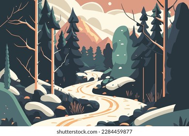 Road in the forest. Vector illustration in a flat style. Mountain landscape. A forest with a snow covered trail 