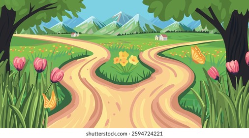 road fork. Country road. Dirt road. Vector hand drawing