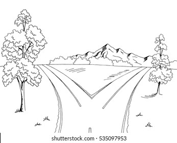 Road Fork Graphic Black White Landscape Sketch Illustration Vector