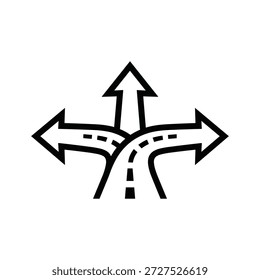 Road fork with three arrows pointing in different directions