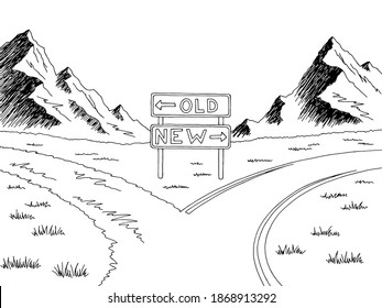 Road Forks Between The Old And New Way Mark, Graphic Black And White Landscape Sketch Illustration, Vector.