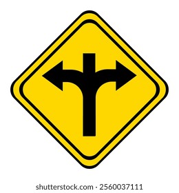 the road forks with a dead end if straight. warning road sign on a yellow and black board in the shape of a rhombus.