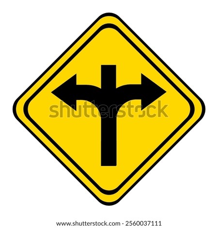 the road forks with a dead end if straight. warning road sign on a yellow and black board in the shape of a rhombus.