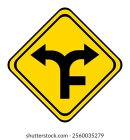 the road forks with a dead end. warning road sign on a yellow and black board in the shape of a rhombus.