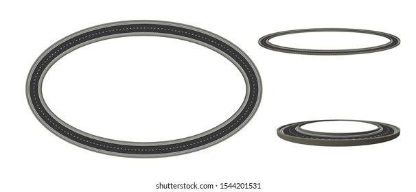 Road in form of oval. Isolated on white background. 3d Vector illustration. Different viewes.