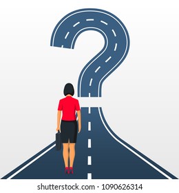 Road forward in form of a question mark. What's next ? Big question mark on a way. Businesswoman in suit with briefcase looking unknown open. Vector illustration flat design. Isolated on background.
