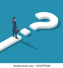 Road forward in form of question mark. What's next ? Big question mark on way. Businessman in suit with briefcase looking unknown open. Vector illustration isometric 3D design. Isolated on background.