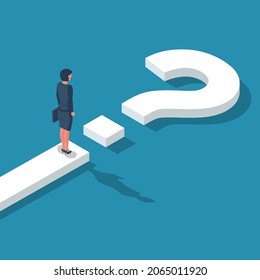 Road forward in form of question mark. What's next ? Big question mark on way. Businesswoman in suit with briefcase looking unknown open. Vector illustration isometric 3D design.