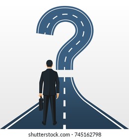 Road forward in form of a question mark. What's next ? Big question mark on a way. Businessman in suit with briefcase looking unknown open. Vector illustration flat design. Isolated on background.