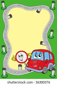Marco de carretera con coche lindo - ilustración vectorial.