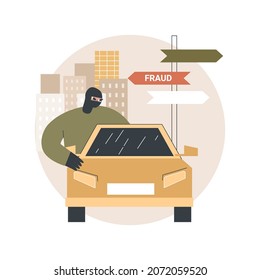 Road fraud abstract concept vector illustration. Road safety, fellow traveller, road crime, criminal fraud, pick up hitchhiker, threat and robbery, illegal transportation abstract metaphor.