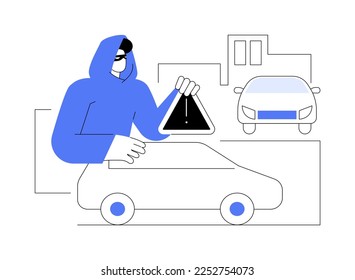 Road fraud abstract concept vector illustration. Road safety, fellow traveller, road crime, criminal fraud, pick up hitchhiker, threat and robbery, illegal transportation abstract metaphor.