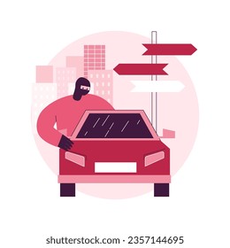 Road fraud abstract concept vector illustration. Road safety, fellow traveller, road crime, criminal fraud, pick up hitchhiker, threat and robbery, illegal transportation abstract metaphor.