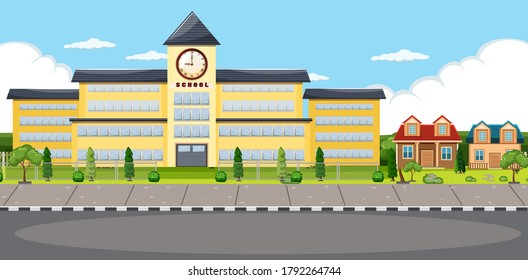 Road in front of school scene illustration