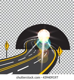 The road to the future passes through the tunnel. Danger. Bright sunlight. Vector illustration.