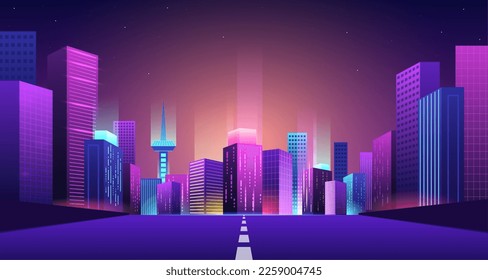 Camino a la ciudad futurista. Puente a la ciudad de neón nocturno, edificios luminosos con vigas de luces urbanas. Carretera al futuro vector Ilustración. Paisaje urbano nocturno, calle de rascacielos urbanos, exterior de distrito