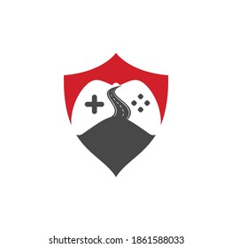 Road Game shield shape concept logo design template. Road way player Gamers icon logo symbol design illustration
