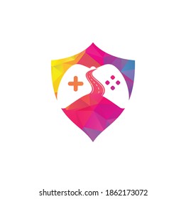 Plantilla de diseño del logotipo de la forma de la forma de la protección de la ruta de juego. Jugador de carretera Símbolo del logotipo del icono de gamers ilustración del diseño