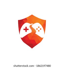 Road Game shield shape concept logo design template. Road way player Gamers icon logo symbol design illustration