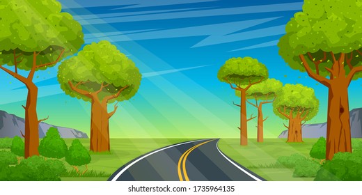 The road goes into the distance through the forest on a background of a beautiful summer landscape. Cartoon vector illustration