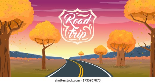 The road goes into the distance through the forest on a background of a beautiful autumn landscape. Road trip sign. Cartoon vector illustration