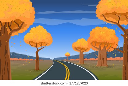 The road goes into the distance through the forest on a background of a beautiful autumn landscape. Cartoon vector illustration