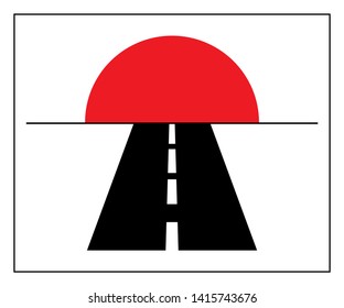 The road goes into the sunset. Logo. Flat design. Vector illustration.