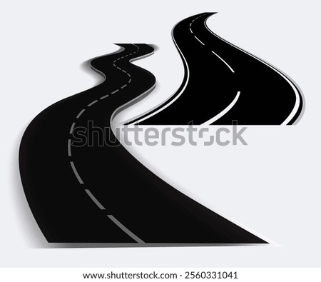 Road with gps pins, highway navigation route isolated on transparent background. two lane asphalt winding pathway. Route direction with signs for map transport direction, Realistic 3d vector icons set
