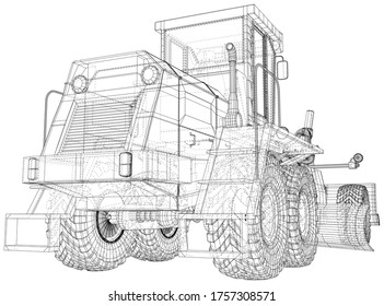 Road grader. Heavy equipmen Vector illustration. Wire-frame line isolated. Vector rendering of 3d.