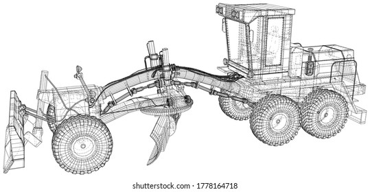 Road grader. Heavy equipmen Vector illustration. Wire-frame line isolated. Vector rendering of 3d.