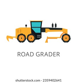 Road grader for leveling surface isolated on white. Colored flat vector icon of special and industrial vehicle. Construction and industry concept