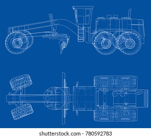 Road grader. Vector rendering of 3d. The layers of visible and invisible lines are separated