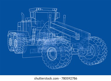 Road grader. Vector rendering of 3d. The layers of visible and invisible lines are separated