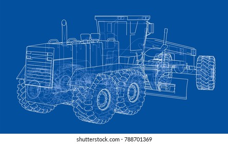 Road grader. Vector rendering of 3d. The layers of visible and invisible lines are separated