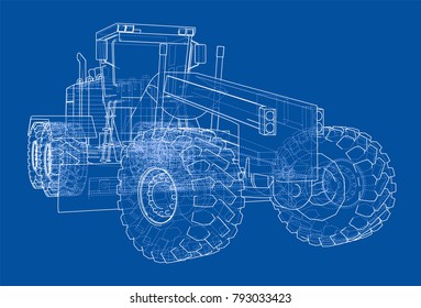 Road grader. Vector rendering of 3d. The layers of visible and invisible lines are separated