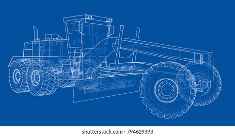 Road grader. Vector rendering of 3d. The layers of visible and invisible lines are separated