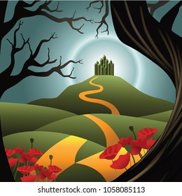 Road to the green city on the hill. EPS10 vector illustration.