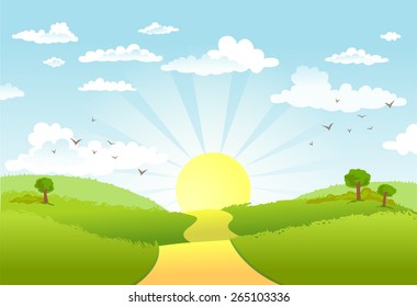 The road in green fields,  leading for the sun on the horizon