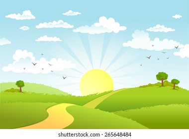 The road in green fields,  leading for the sun on the horizon