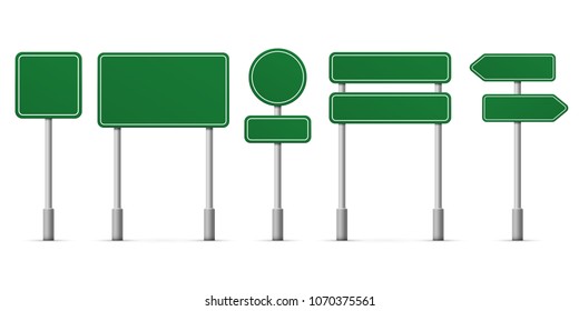 Señales verdes de carretera. Plantilla de iconos aislados en blanco vectorial