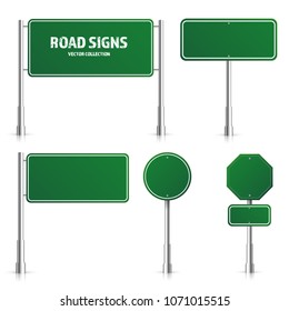 Road Green Traffic Sign. Blank Board With Place For Text.Mockup. Isolated On White Information Sign. Direction. Vector Illustration.