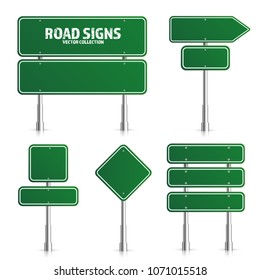 Road green traffic sign. Blank board with place for text.Mockup. Isolated on white information sign. Direction. Vector illustration.