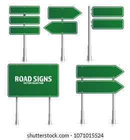 Road green traffic sign. Blank board with place for text.Mockup. Isolated on white information sign. Direction. Vector illustration.