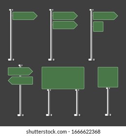 Road green traffic sign. Blank board with place for text. Mockup. Direction. Vector illustration