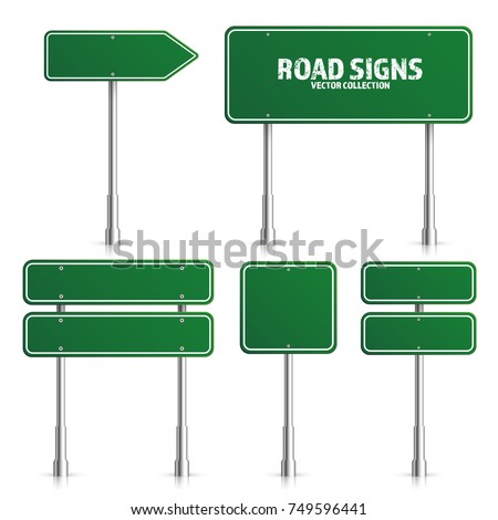 Road green traffic sign. Blank board with place for text.Mockup. Isolated on white information sign. Direction. Vector illustration. Foto stock © 