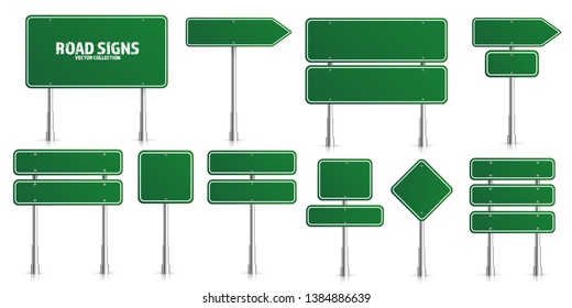 Road green traffic signs set. Blank board with place for text. Mockup. Isolated information sign. Direction. Vector illustration