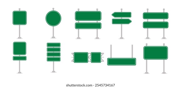 Conjunto de señales de tráfico verdes en la carretera. Ilustración vectorial