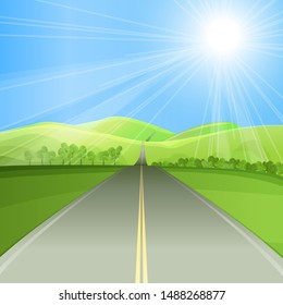 Road in green valley flat vector illustration. Summer landscape, empty highway with trees and bushes. Emerald hills, blue sky with bright sun rays. Countryside scenery with sunlit green fields